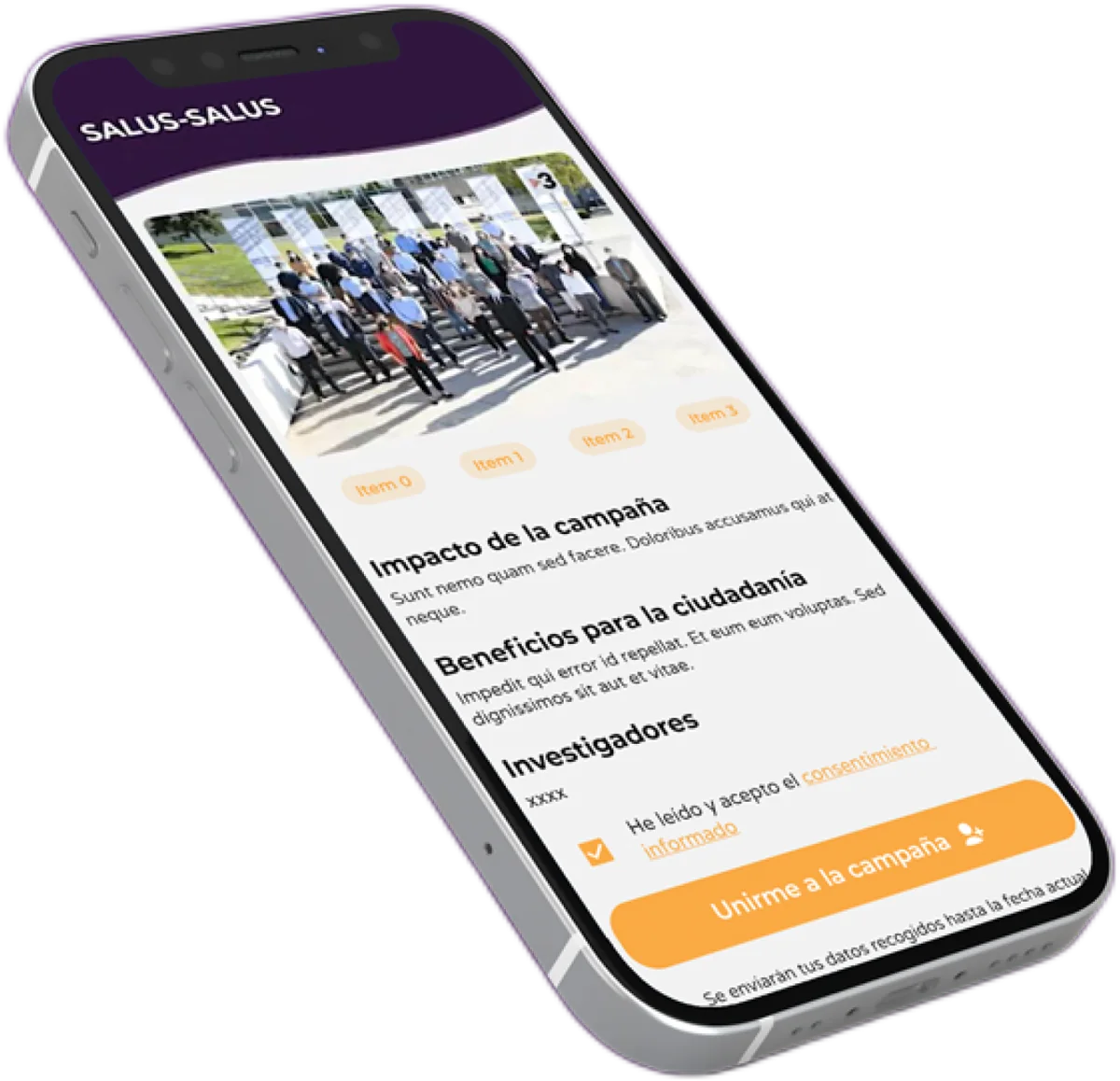 The Salus Coop app on a phone, showing a research campaign